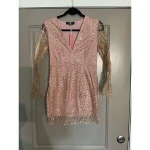Rosedress Pink with Gold Bling Short Dress, Sz S, Lined long lacy sleeves NWT